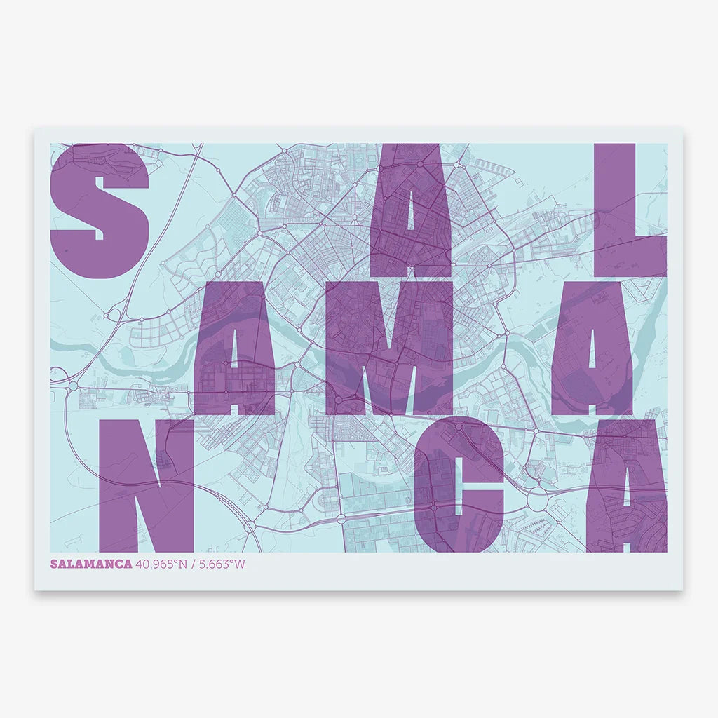 Decorative print of Salamanca with letters of its name placed randomly, designed in purple and light blue