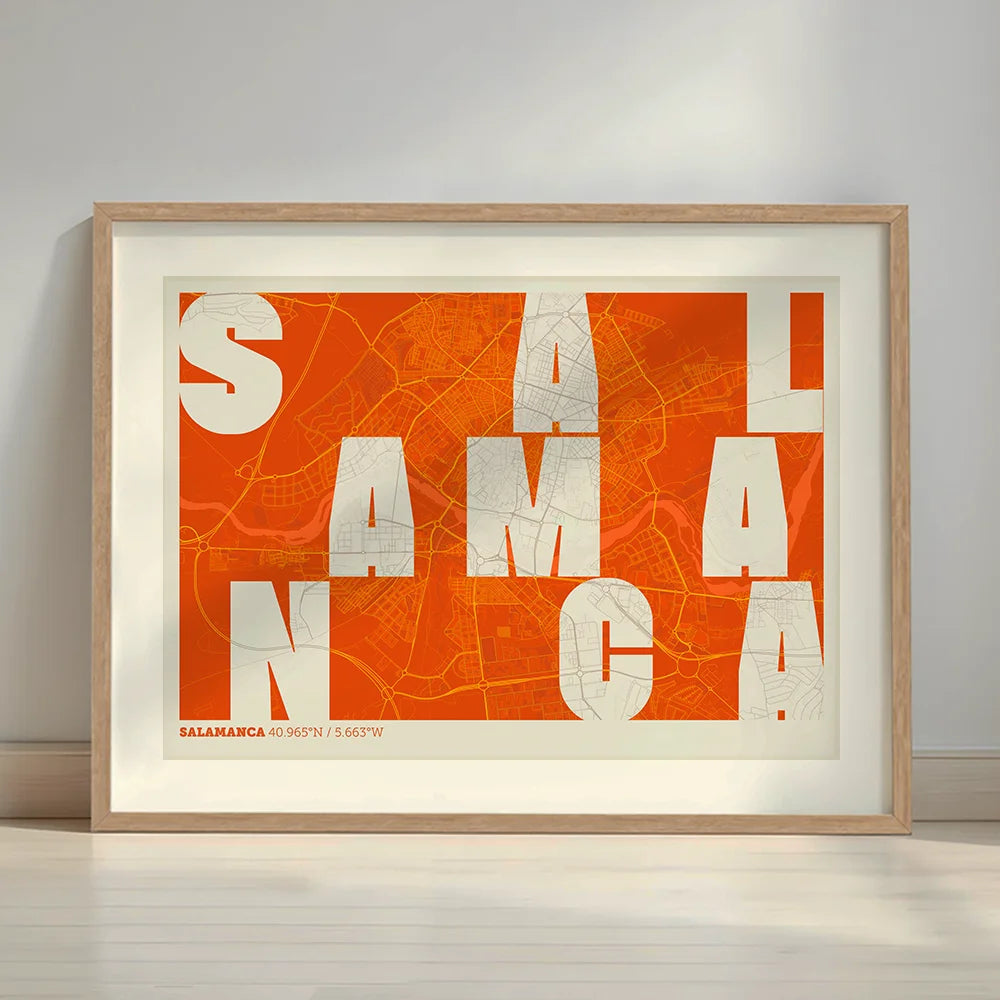 Framed Salamanca in Unruled design, where the city name letters appear randomly across different lines for a truly original urban layout designed in orange and an off-white background with a white margin border in a warm lit minimalist setting