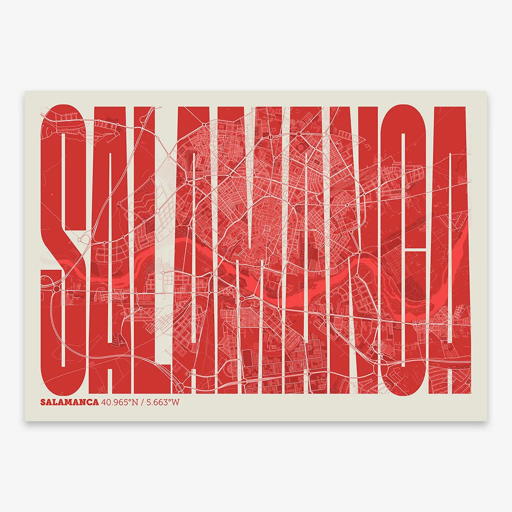 The map of Salamanca in Extra Compressed design, where the letters are tightly squeezed to fit the city's map shape designed in red and an off-white background