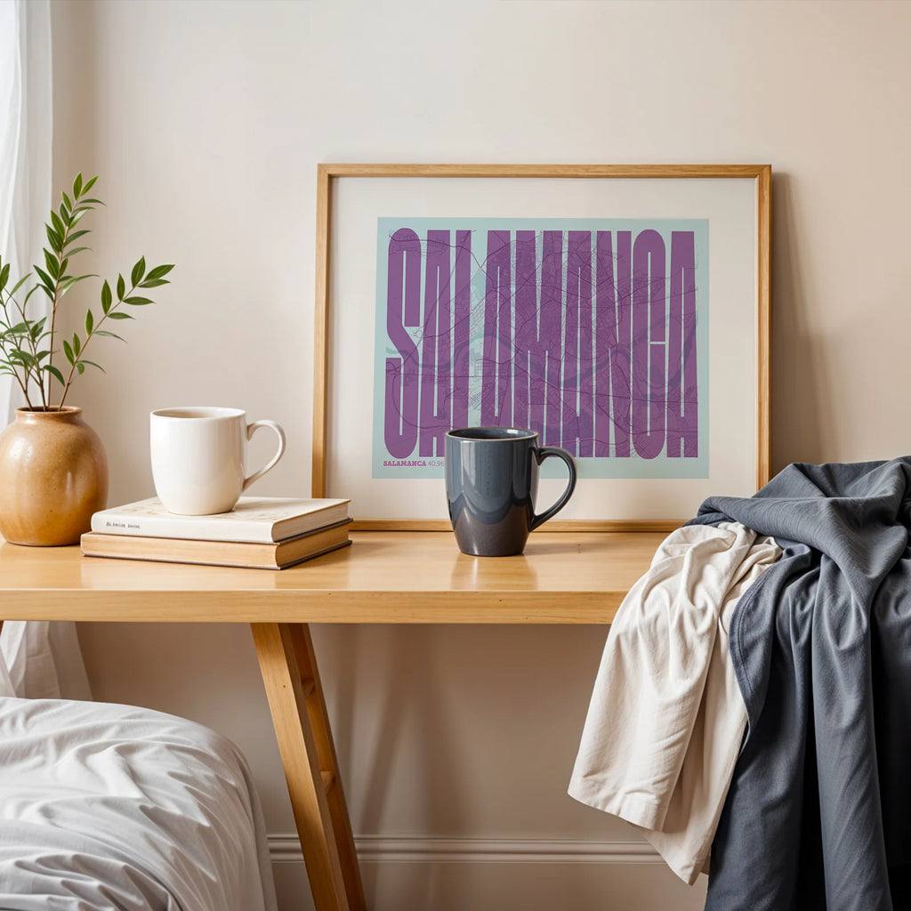 Modern interior design with a Salamanca in Extra Compressed design, where the letters are tightly squeezed to fit the city's map shape designed in purple and light blue, displayed on a living room wall