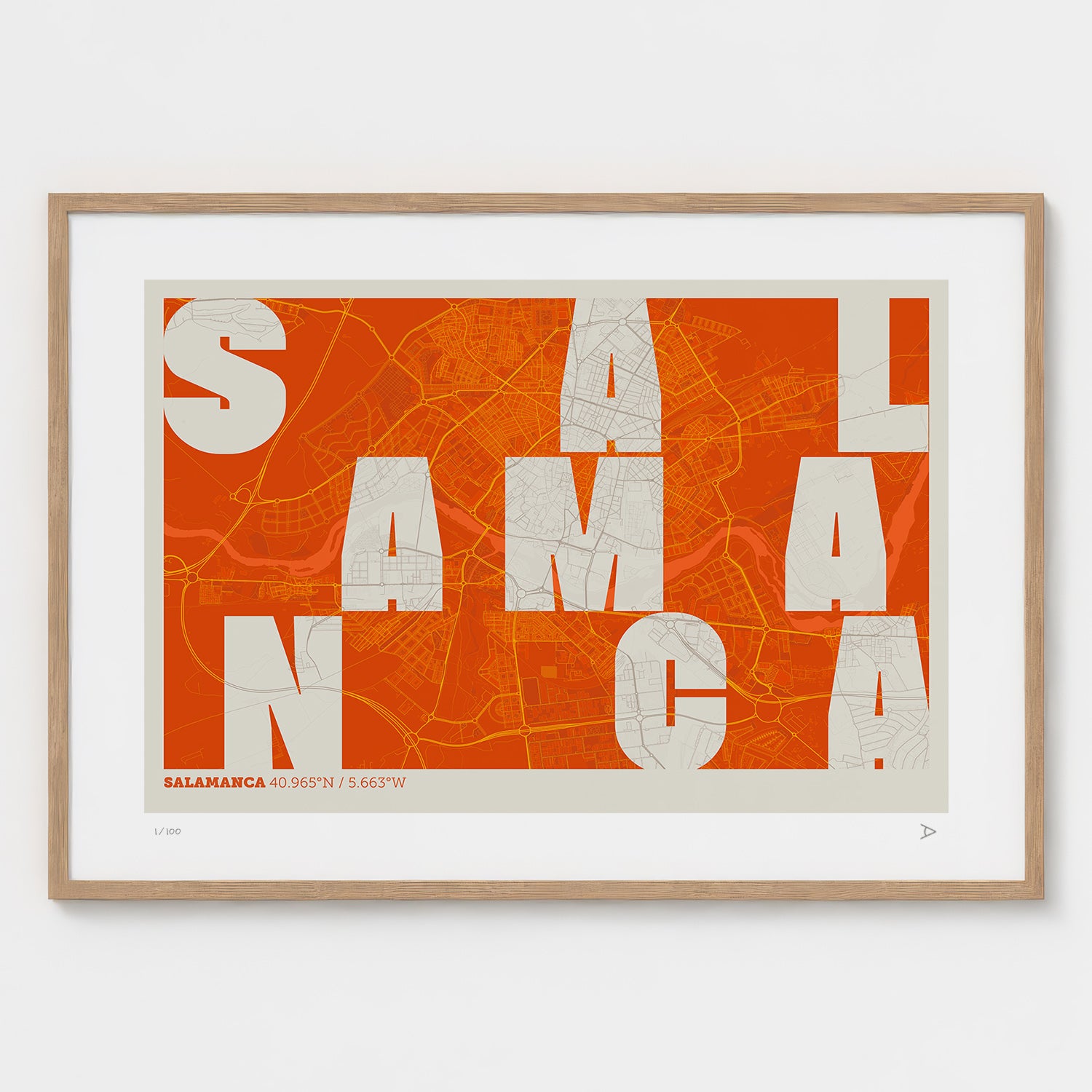 Lámina tipográfica de Salamanca – diseño Revoltosa, marco de madera natural