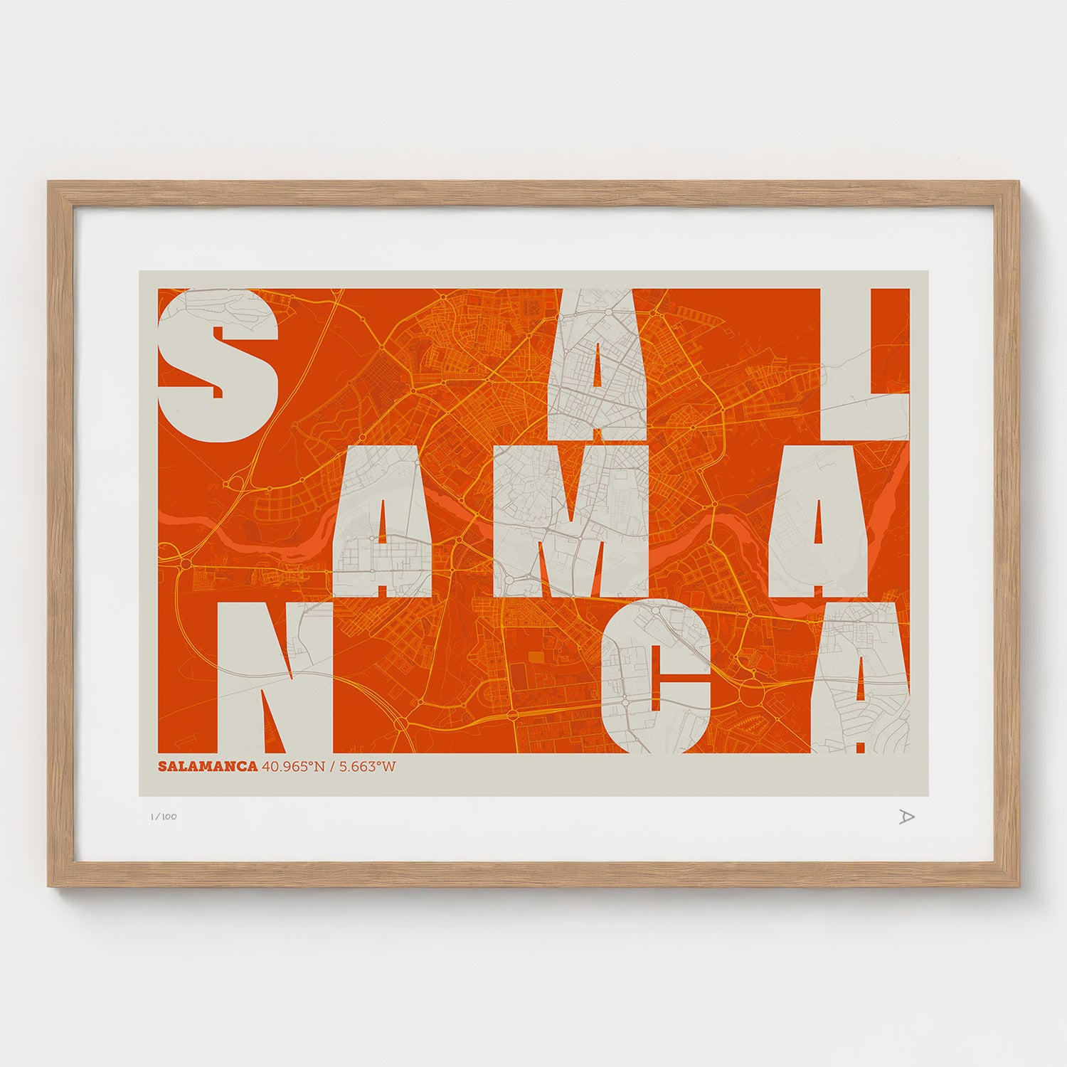 Lámina tipográfica de Salamanca – diseño Revoltosa, marco de madera natural