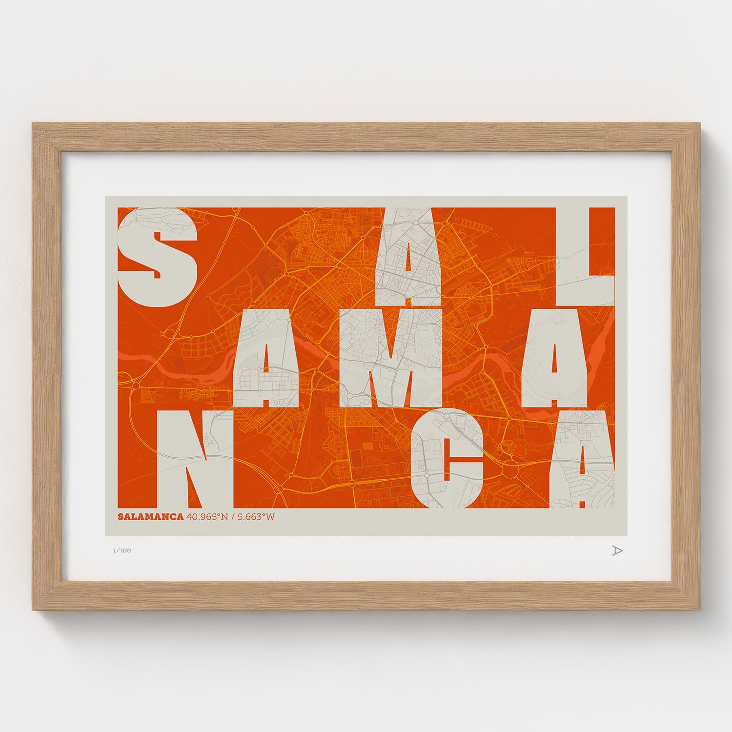 Lámina tipográfica de Salamanca – diseño Revoltosa, marco de madera natural