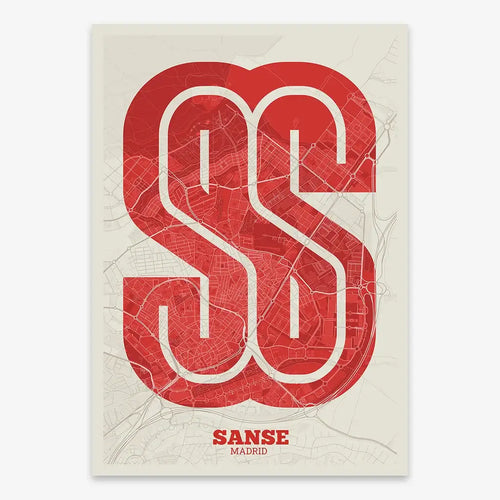 Mapa de San Sebastián de los Reyes en diseño la Súper Bold, un póster tipográfico donde el mapa de la ciudad se fusiona con una tipografía extra gruesa para un impacto visual moderno diseñado en rojo y fondo blanco roto