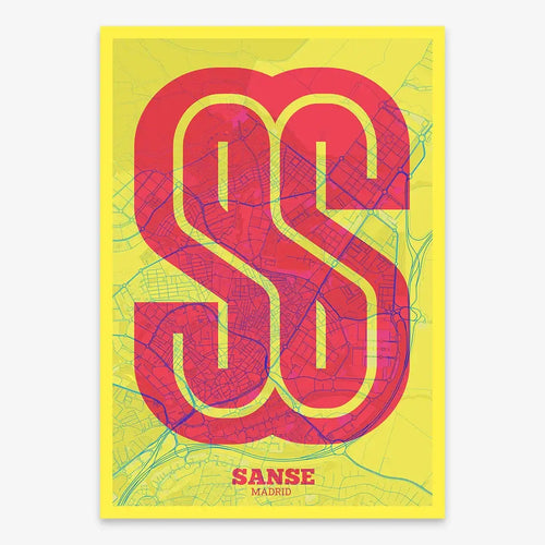 Mapa de San Sebastián de los Reyes en diseño la Súper Bold, un póster tipográfico donde el mapa de la ciudad se fusiona con una tipografía extra gruesa para un impacto visual moderno diseñado en amarillo y fucsia