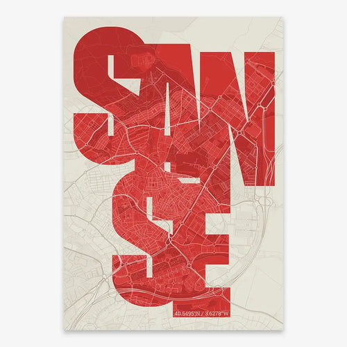Mapa de San Sebastián de los Reyes en mi diseño la Inseparable, una visión artística con una tipografía expresiva que muestra la abreviatura del nombre sobre el mapa detallado diseñado en rojo y fondo blanco roto