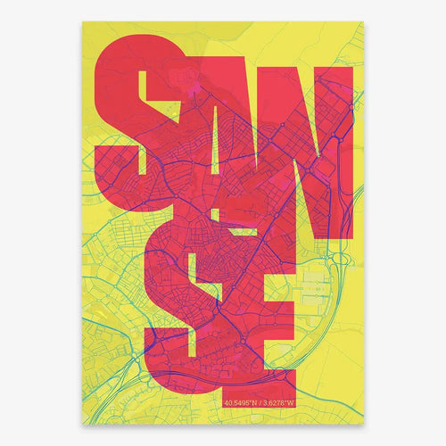 Mapa de San Sebastián de los Reyes en mi diseño la Inseparable, una visión artística con una tipografía expresiva que muestra la abreviatura del nombre sobre el mapa detallado diseñado en amarillo y fucsia