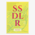 Mapa de San Sebastián de los Reyes en el diseño la Clásica, inspirado en la tipografía cincelada con una fuente elegante que crea un bonito contraste visual diseñado en amarillo y fucsia