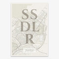 Mapa de San Sebastián de los Reyes en el diseño la Clásica, inspirado en la tipografía cincelada con una fuente elegante que crea un bonito contraste visual diseñado en marrón claro y fondo blanco roto