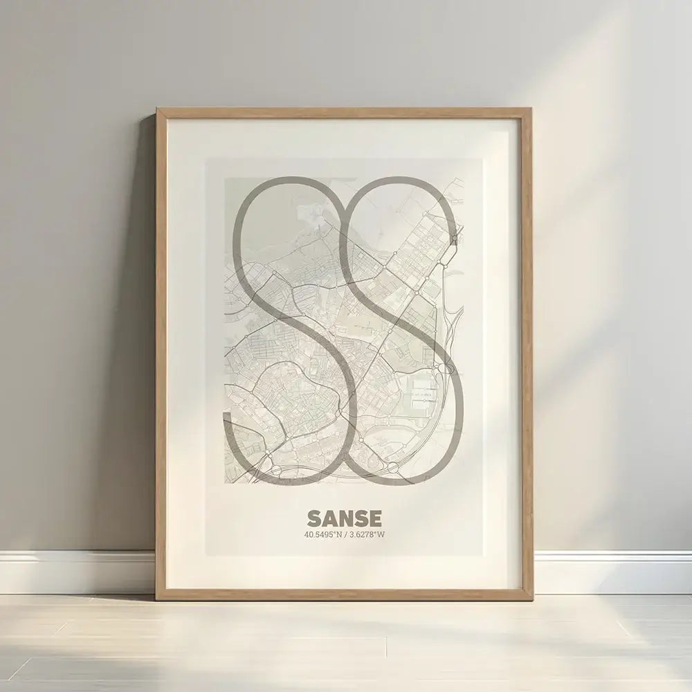 Framed San Sebastian de los Reyes in Ultralight design, a minimalist aesthetic combining urban cartography with modern, extra-thin elegant lettering designed in light brown and an off-white background with a white margin border in a warm lit minimalist setting