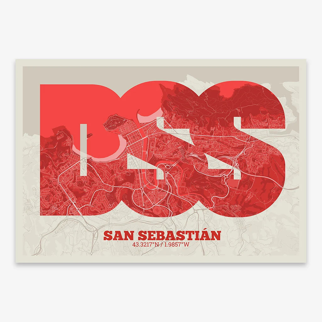 The map of San Sebastian in Super Bold design, a typographic poster where the city map is overlaid with extra-thick lettering for a modern, high-impact look designed in red and an off-white background