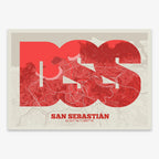 The map of San Sebastian in Super Bold design, a typographic poster where the city map is overlaid with extra-thick lettering for a modern, high-impact look designed in red and an off-white background