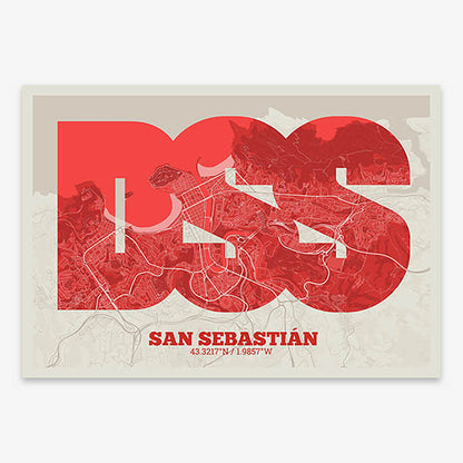 Decorative print of San Sebastian composed with letters in a heavy geometric font printed on red and an off-white background