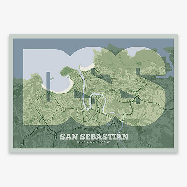Decorative print of San Sebastian composed with letters in a heavy geometric font printed on two green tones