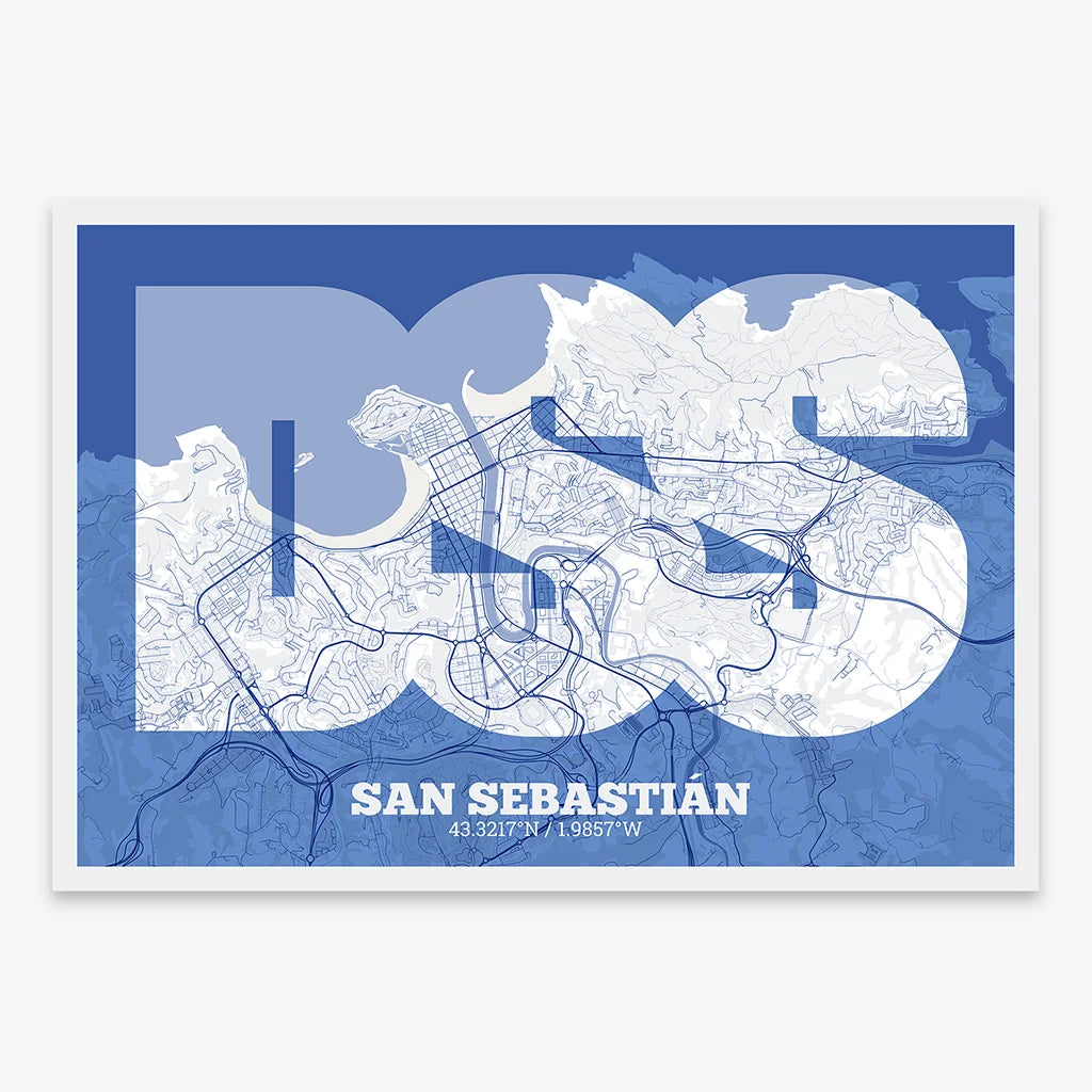 Decorative print of San Sebastian composed with letters in a heavy geometric font printed on navy blue and white
