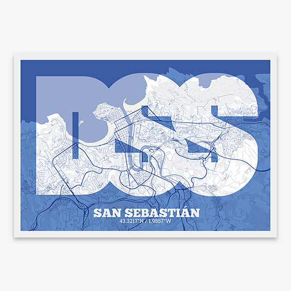 Decorative print of San Sebastian composed with letters in a heavy geometric font printed on navy blue and white