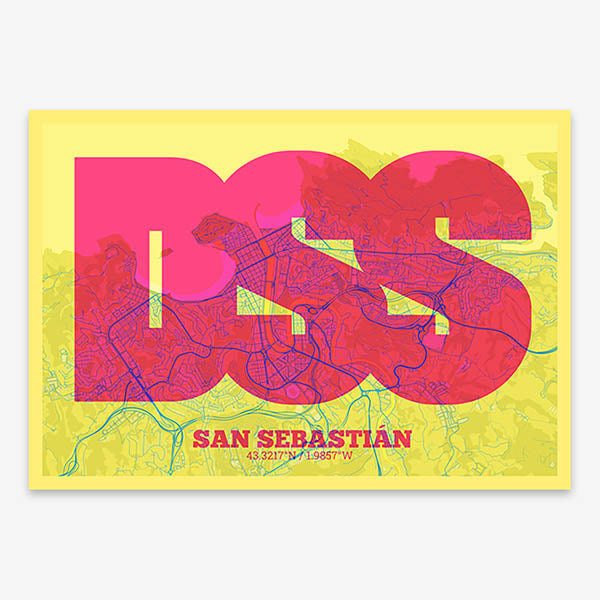 Decorative print of San Sebastian composed with letters in a heavy geometric font printed on yellow and fuchsia