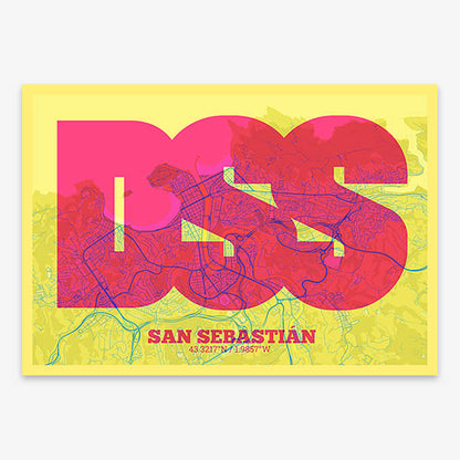 Decorative print of San Sebastian composed with letters in a heavy geometric font printed on yellow and fuchsia