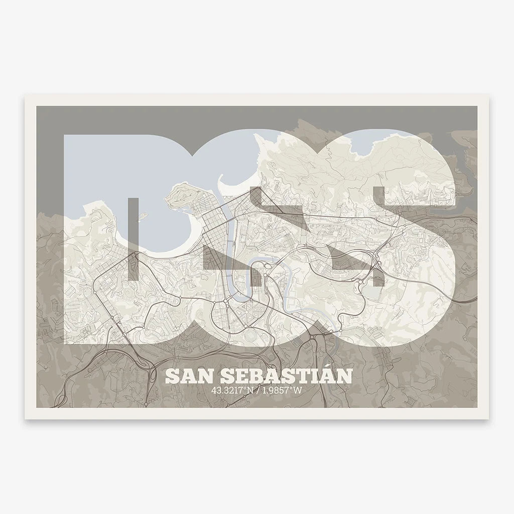 Decorative print of San Sebastian composed with letters in a heavy geometric font printed on light brown and an off-white background