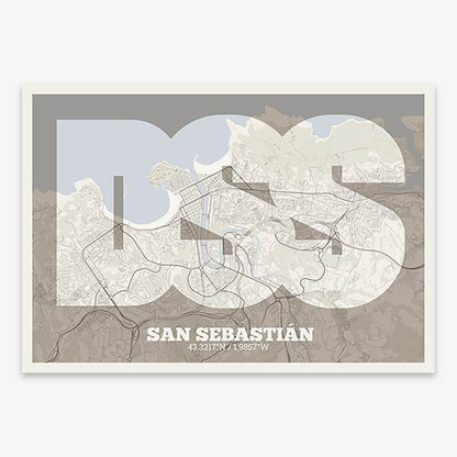 Decorative print of San Sebastian composed with letters in a heavy geometric font printed on light brown and an off-white background