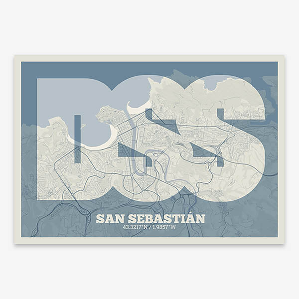 Decorative print of San Sebastian composed with letters in a heavy geometric font printed on bluish gray and an off-white background
