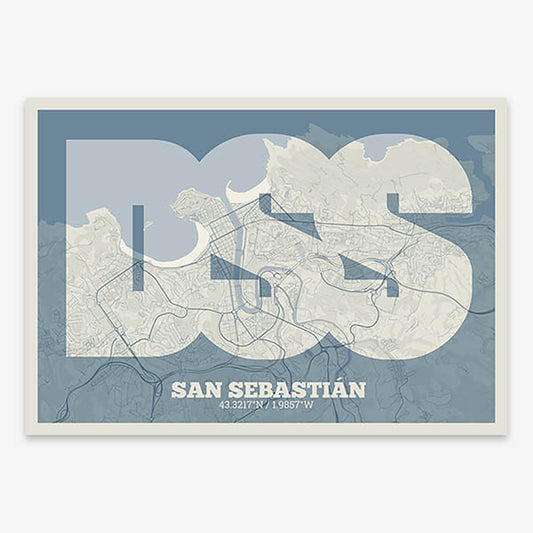Decorative print of San Sebastian composed with letters in a heavy geometric font printed on bluish gray and an off-white background