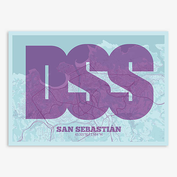 Decorative print of San Sebastian composed with letters in a heavy geometric font printed on purple and light blue