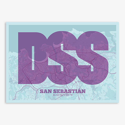 Decorative print of San Sebastian composed with letters in a heavy geometric font printed on purple and light blue