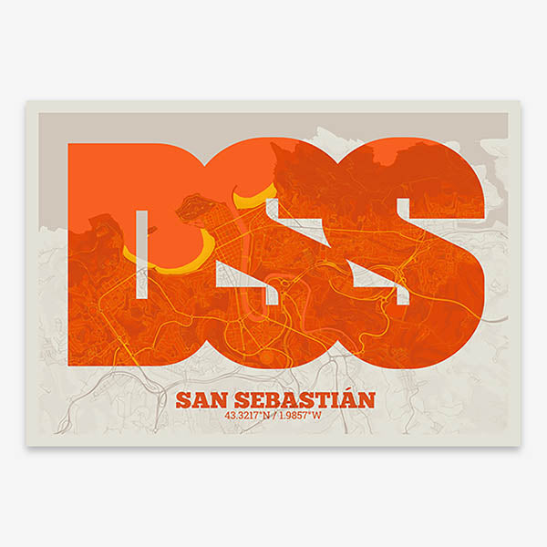 Decorative print of San Sebastian composed with letters in a heavy geometric font printed on orange and an off-white background