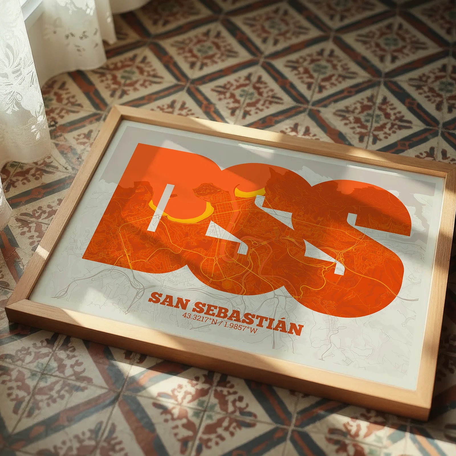 Modern interior design with a San Sebastian in Super Bold design, a typographic poster where the city map is overlaid with extra-thick lettering for a modern, high-impact look designed in orange and an off-white background, displayed on a living room wall