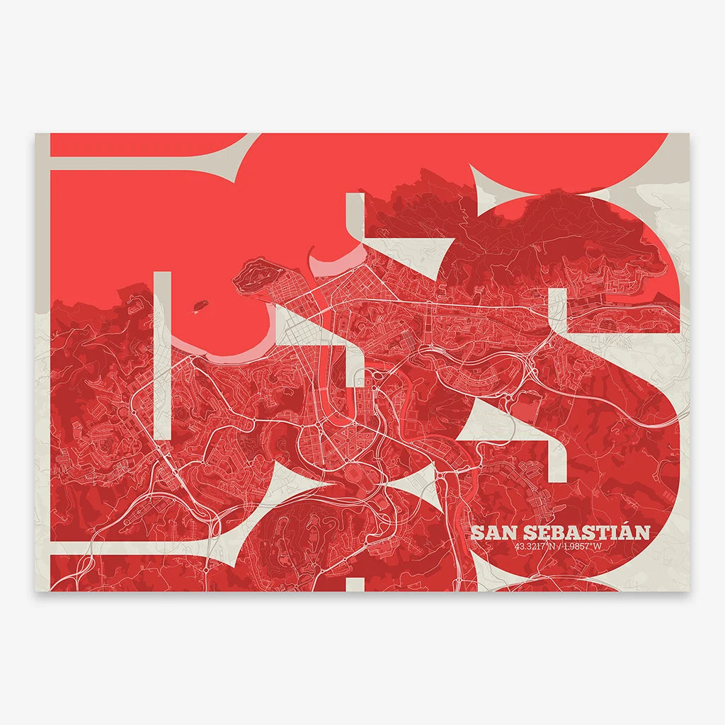 The map of San Sebastian in Inseparable design, featuring the city's abbreviation in expressive typography over a detailed urban map designed in red and an off-white background