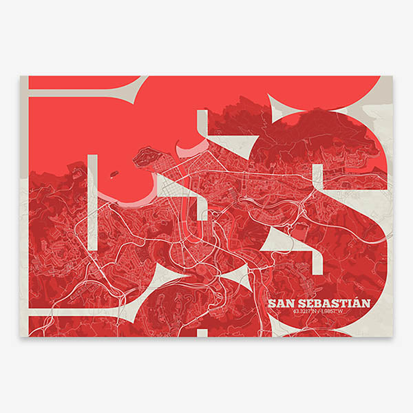 Poster of San Sebastian composed with letters from its abbreviation or its airport IATA code printed on red and an off-white background