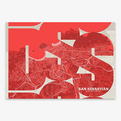 Poster of San Sebastian composed with letters from its abbreviation or its airport IATA code printed on red and an off-white background