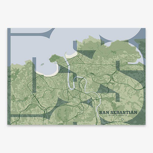 Poster of San Sebastian composed with letters from its abbreviation or its airport IATA code printed on two green tones
