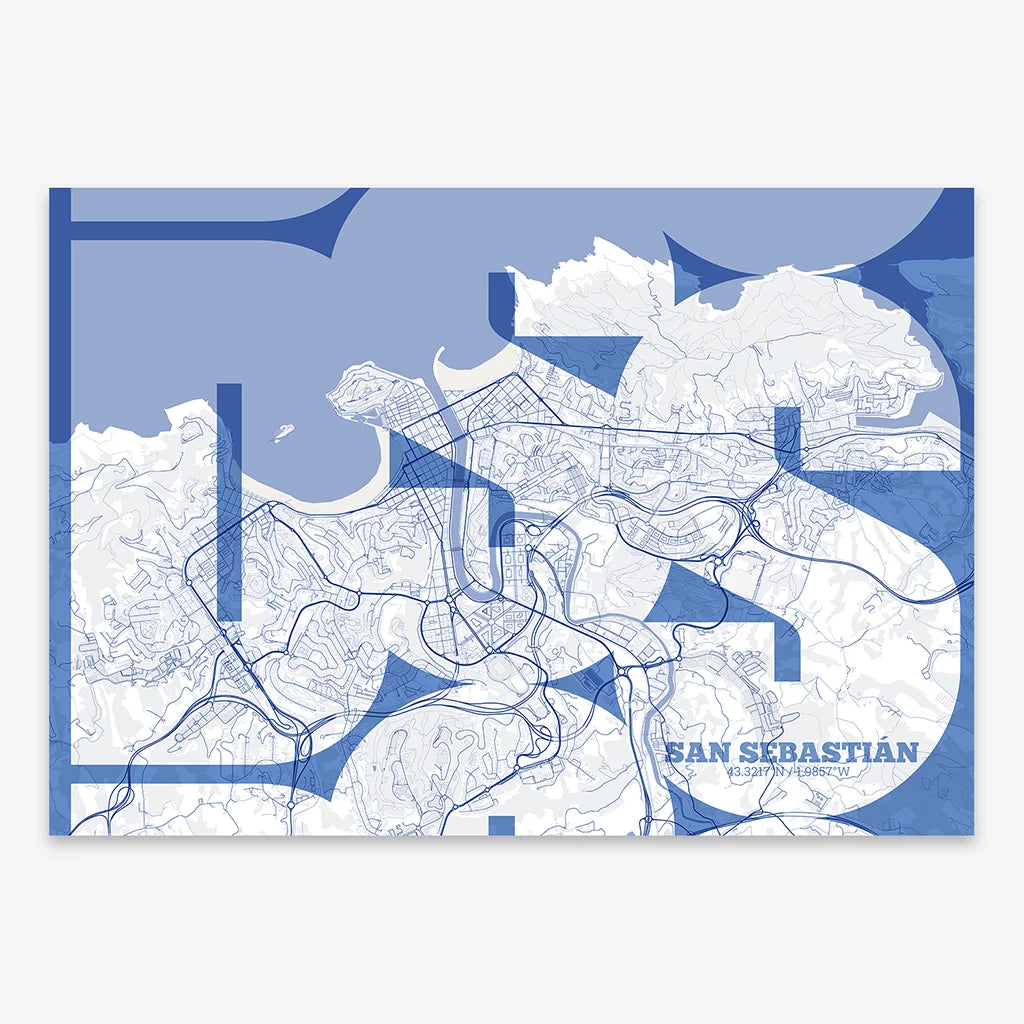 Poster of San Sebastian composed with letters from its abbreviation or its airport IATA code printed on navy blue and white