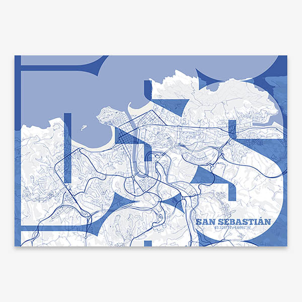 Poster of San Sebastian composed with letters from its abbreviation or its airport IATA code printed on navy blue and white