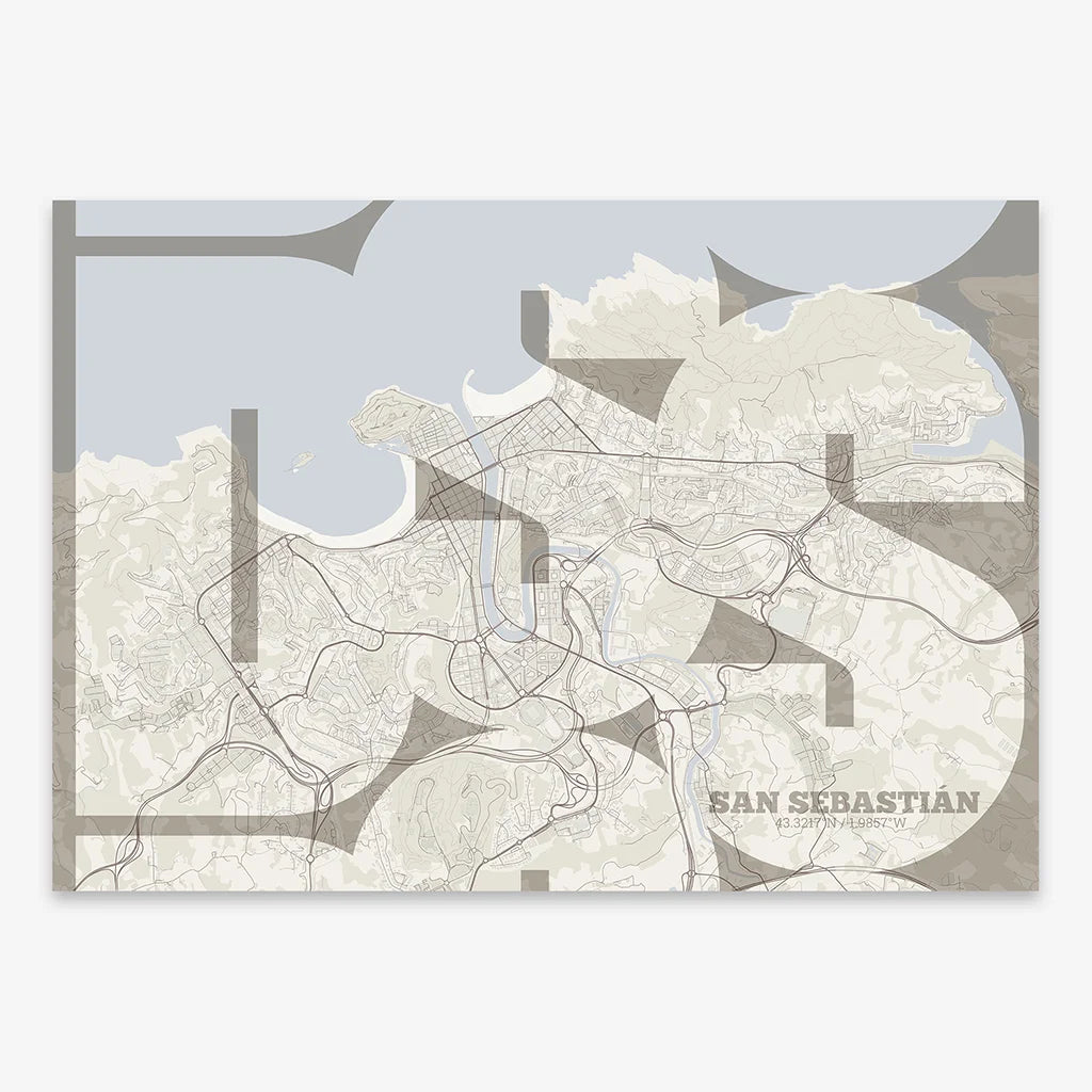 Poster of San Sebastian composed with letters from its abbreviation or its airport IATA code printed on light brown and an off-white background