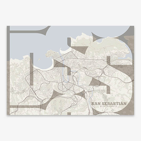 Poster of San Sebastian composed with letters from its abbreviation or its airport IATA code printed on light brown and an off-white background