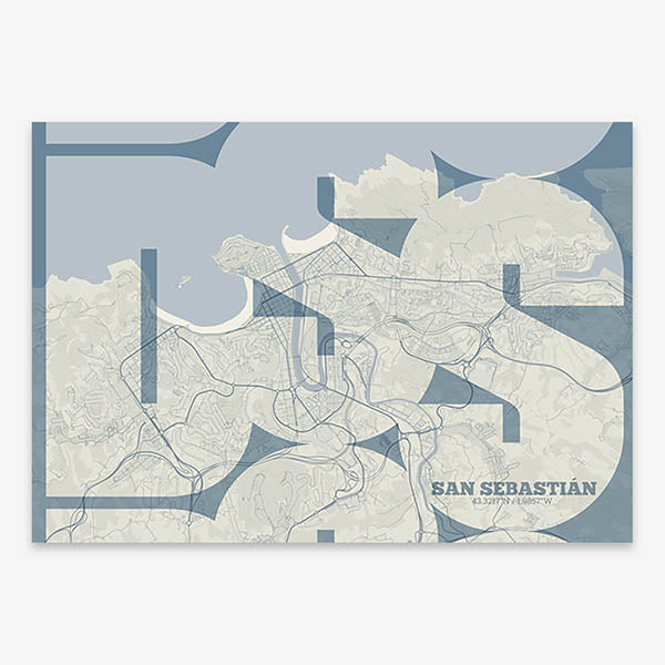 Poster of San Sebastian composed with letters from its abbreviation or its airport IATA code printed on bluish gray and an off-white background