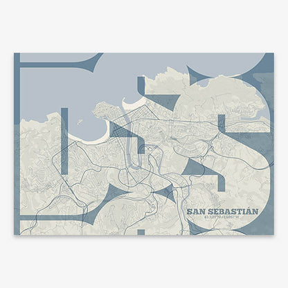 Poster of San Sebastian composed with letters from its abbreviation or its airport IATA code printed on bluish gray and an off-white background