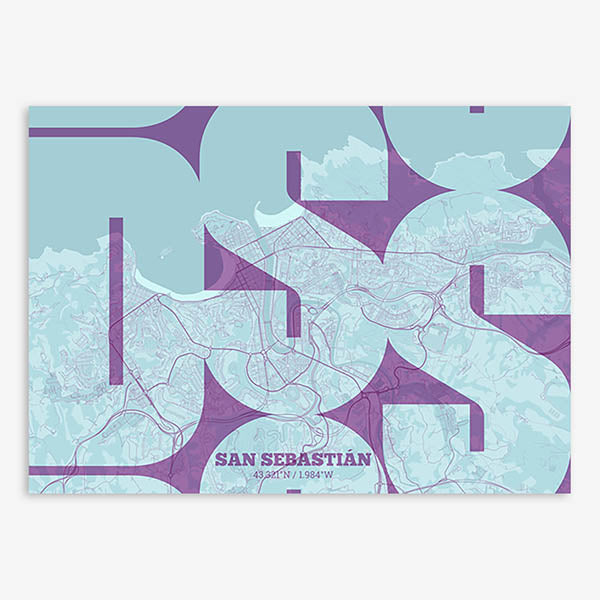 Poster of San Sebastian composed with letters from its abbreviation or its airport IATA code printed on purple and light blue