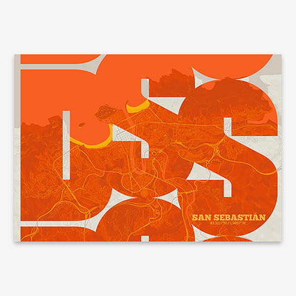 Poster of San Sebastian composed with letters from its abbreviation or its airport IATA code printed on orange and an off-white background