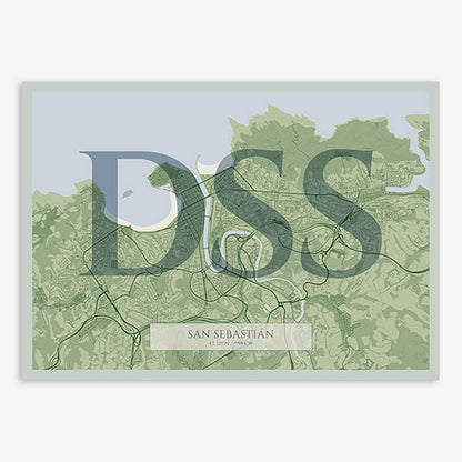 Decorative map of San Sebastian composed with letters in serif font printed on two green tones