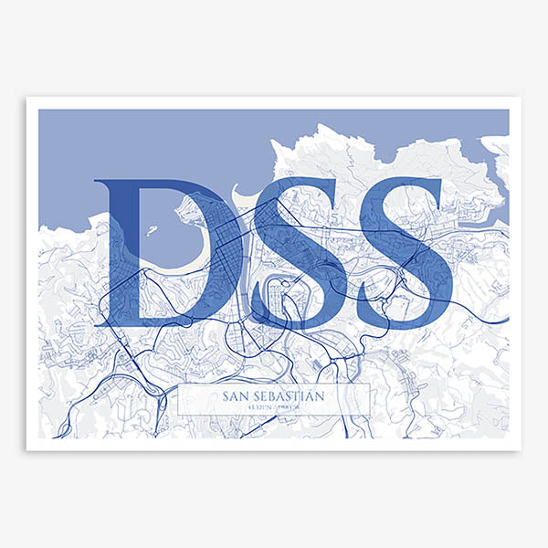 Decorative map of San Sebastian composed with letters in serif font printed on navy blue and white