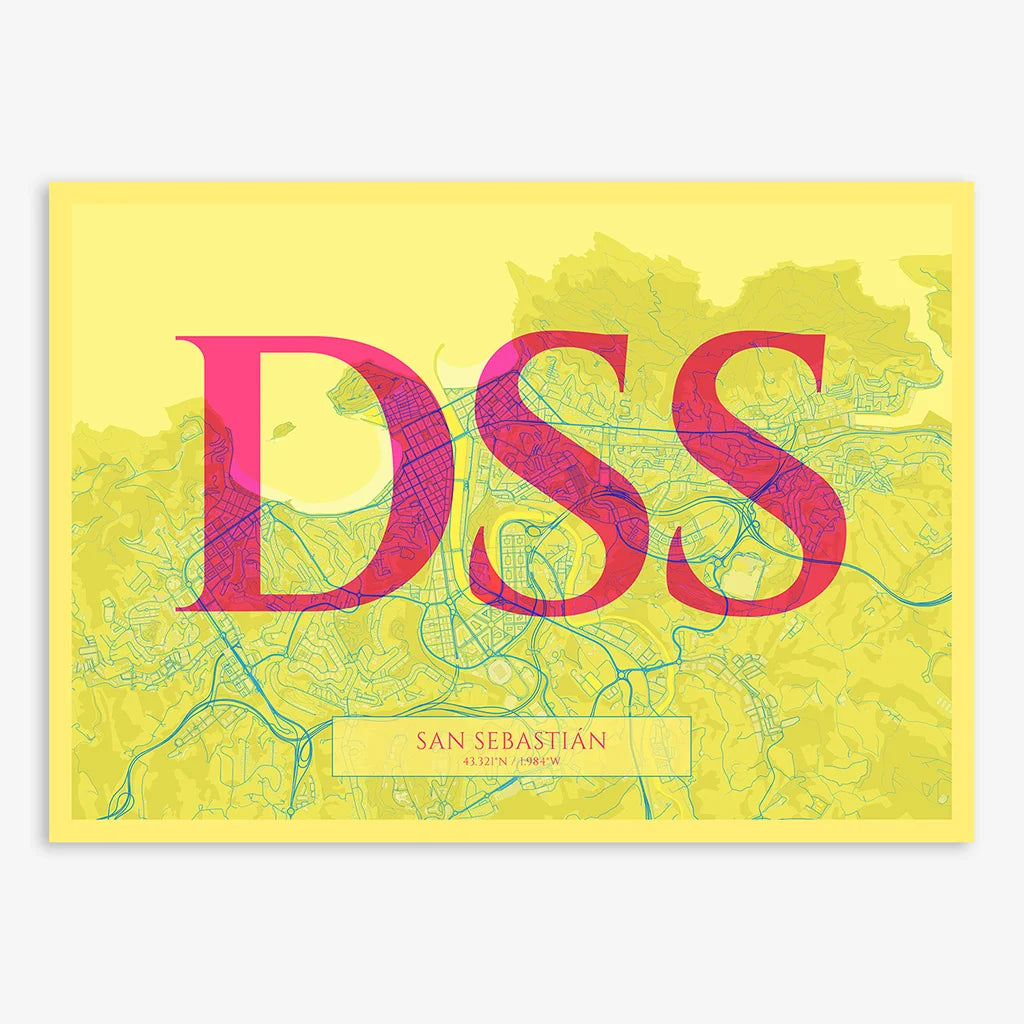 Decorative map of San Sebastian composed with letters in serif font printed on yellow and fuchsia