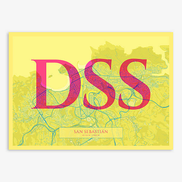 Decorative map of San Sebastian composed with letters in serif font printed on yellow and fuchsia