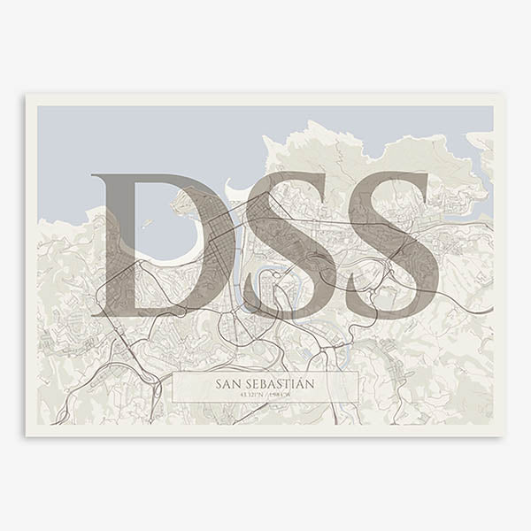 Decorative map of San Sebastian composed with letters in serif font printed on light brown and an off-white background
