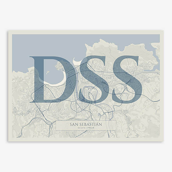 Decorative map of San Sebastian composed with letters in serif font printed on bluish gray and an off-white background