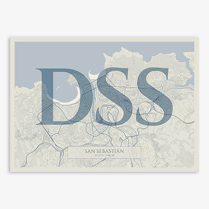 Decorative map of San Sebastian composed with letters in serif font printed on bluish gray and an off-white background