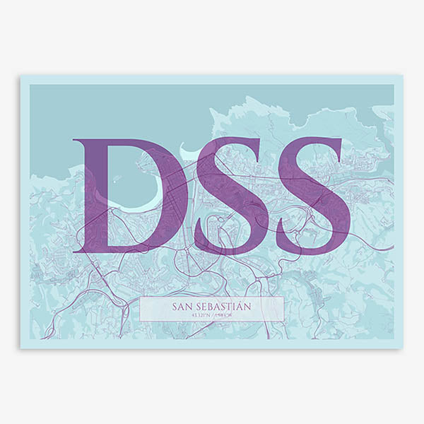 Decorative map of San Sebastian composed with letters in serif font printed on purple and light blue